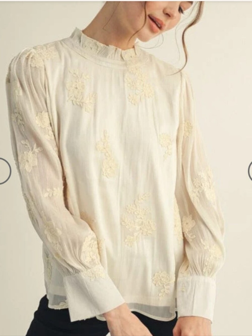 JODIFL Cream Embroidered Ruffle-Neck Blouse